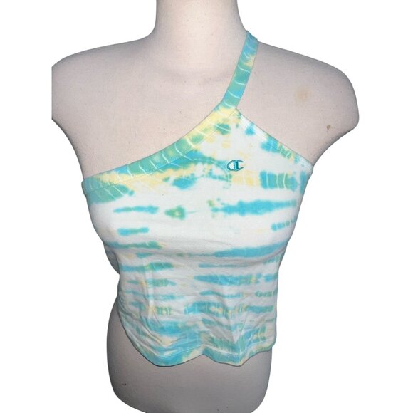 Champion Tie Dye One Shoulder Cropped Casual Top Sz Large Womens Blue & Yellow - Picture 3 of 9
